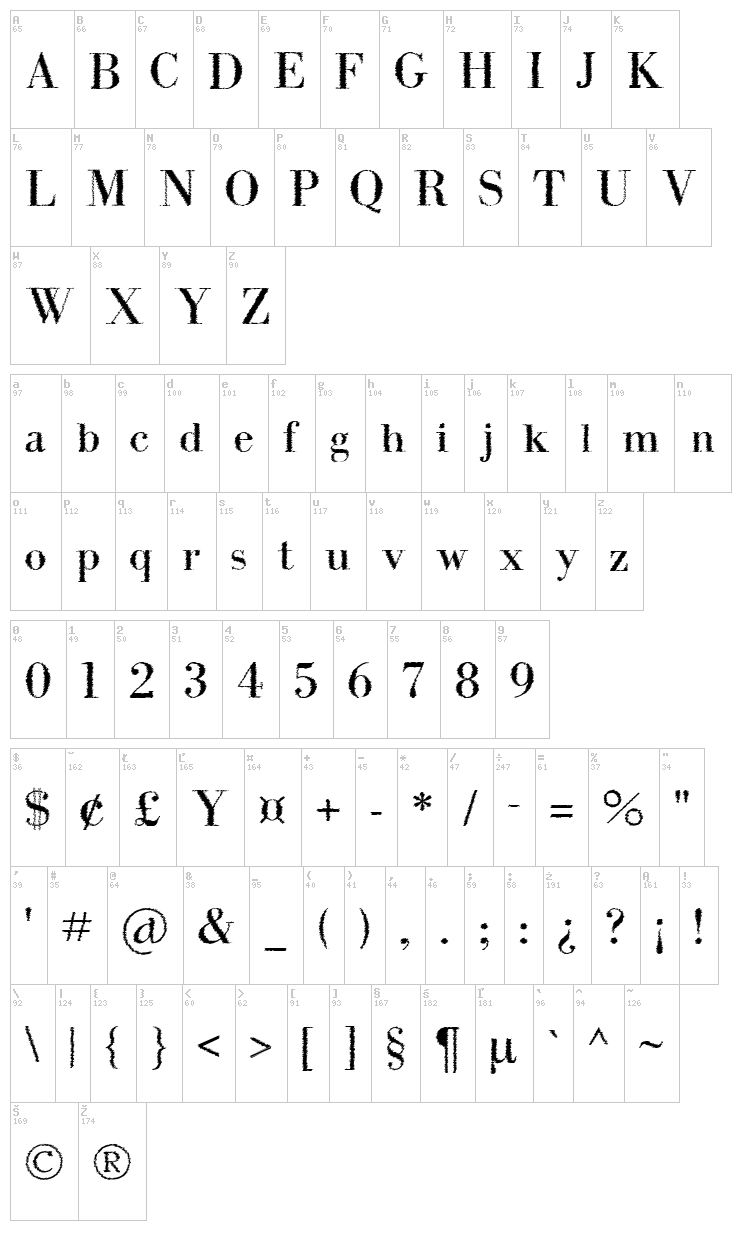 Intellecta Bodoned Trash font map